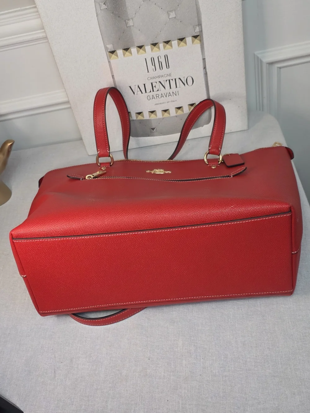 Coach Red Leather Tote Bag with Front Zip Pocket
